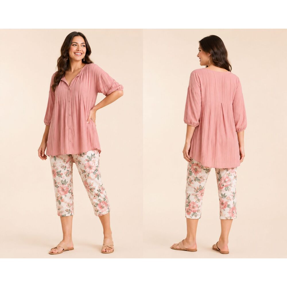 Umgee L 12 14 Blush Pink Button Front Box Pleats Texture Cotton Tunic Top NWT